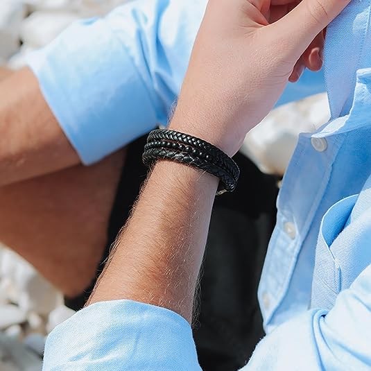 Black Leather Bracelets for Men – Premium Artisan Handcrafted Collection – Single, Stacked, & Double Strand Braided Leather, Onyx Stone & Silver Chain Designs – Authentic Men's Leather Bracelets