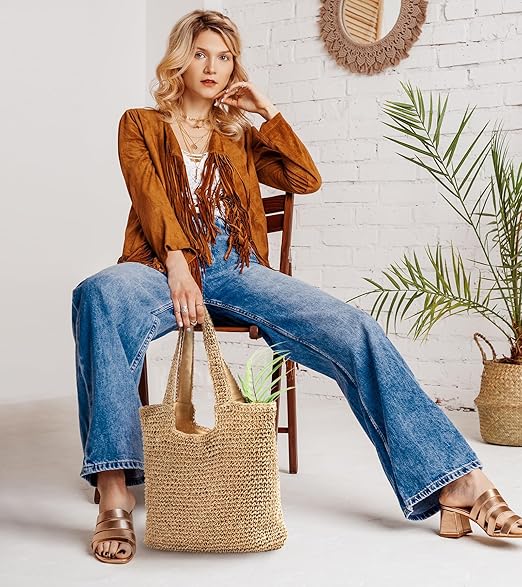 Trifabricy Beach Bags for Women, Woven Straw Tote Bags,Large Beach Bag, Weaving Swim Shopping Travel Bag Waterproof