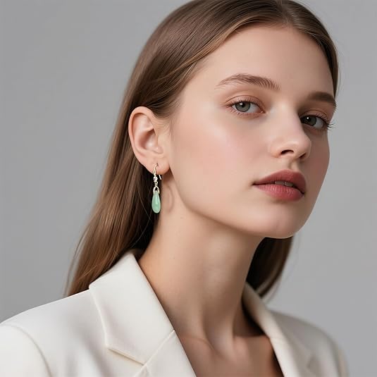 Teardrop Jade Earrings 14K Gold Plated Handmade Green Teardrop Dangle Earrings Vintage Drop Jade Jewelry for Women